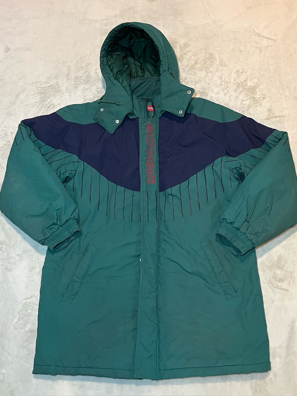 Supreme Pinstripe Panel Sports Parka Mens Size Medium Green Hooded Lined 2019